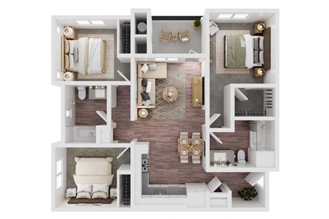 Floor plan for 3 beds, 2 baths, 967 sqft